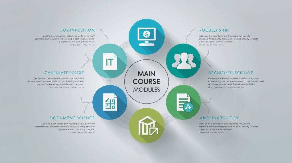 Infográfico com módulos do curso de auxiliar administrativo online