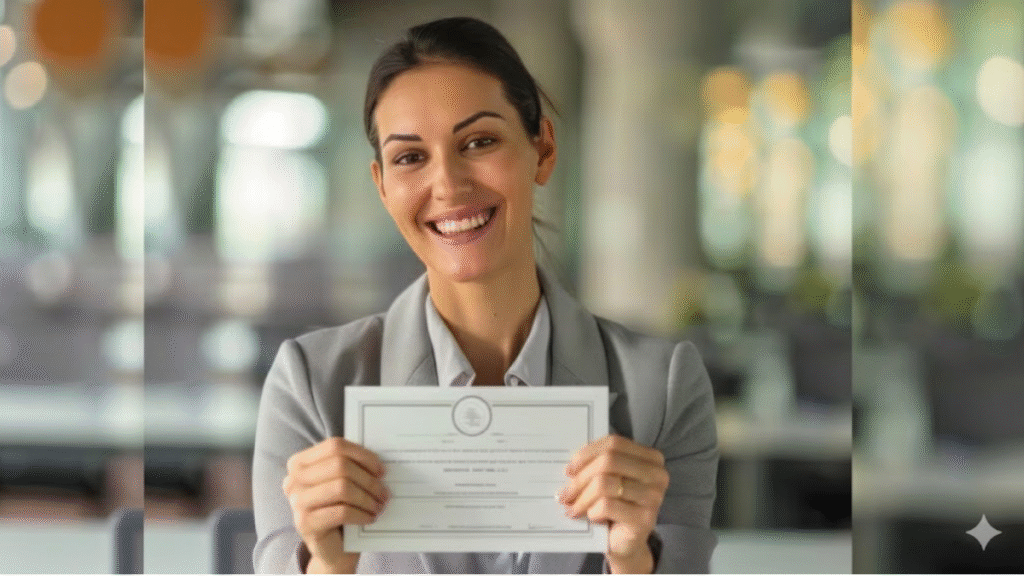 Profissional satisfeito após concluir curso profissionalizante online com certificação