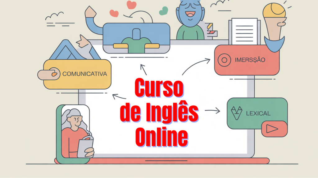 Diagrama de metodologias usadas em plataformas de curso de inglês online: comunicativa, lexical e imersão