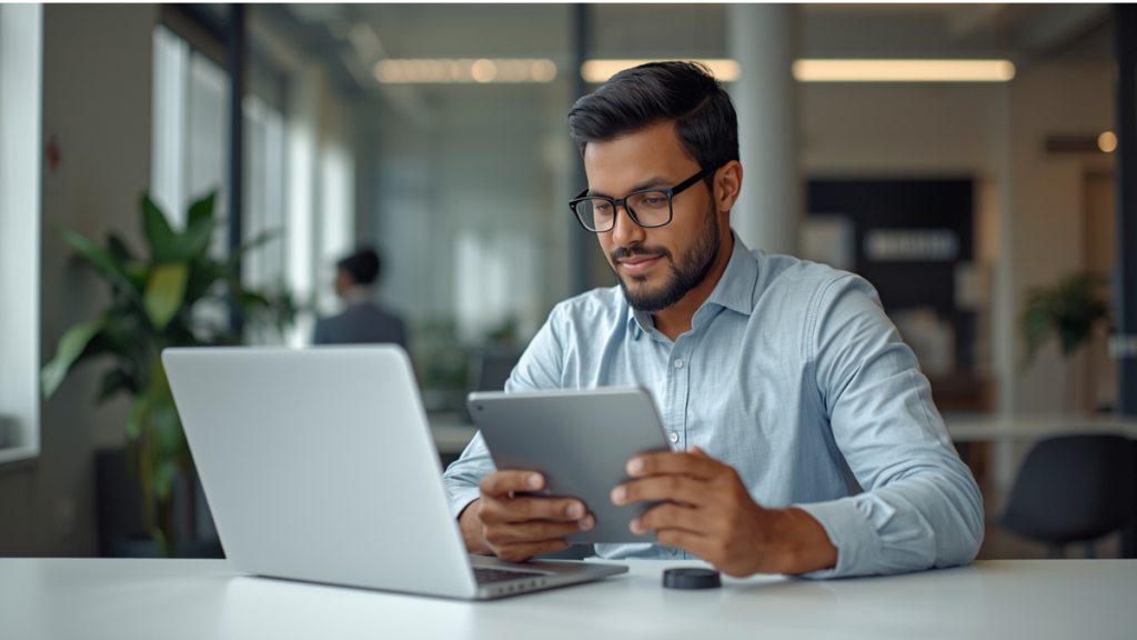 Profissional desenvolvendo competências do futuro em ambiente de trabalho moderno e globalizado