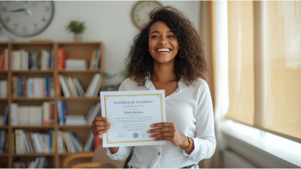Aluno comemorando conclusão de curso de inglês com certificado válido
