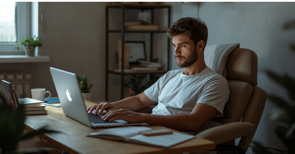 Profissional estudando cursos profissionalizantes online em casa com laptop