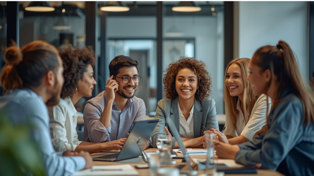 Equipe desenvolvendo competências comportamentais essenciais do futuro no trabalho colaborativo