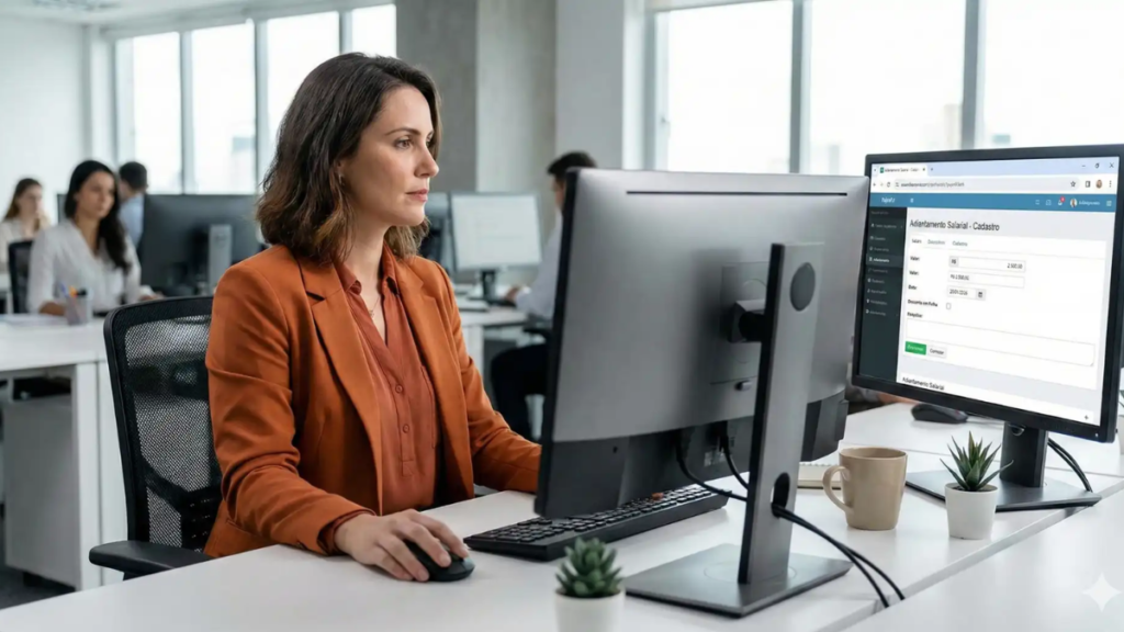 Auxiliar administrativo trabalhando em escritorio corporativo